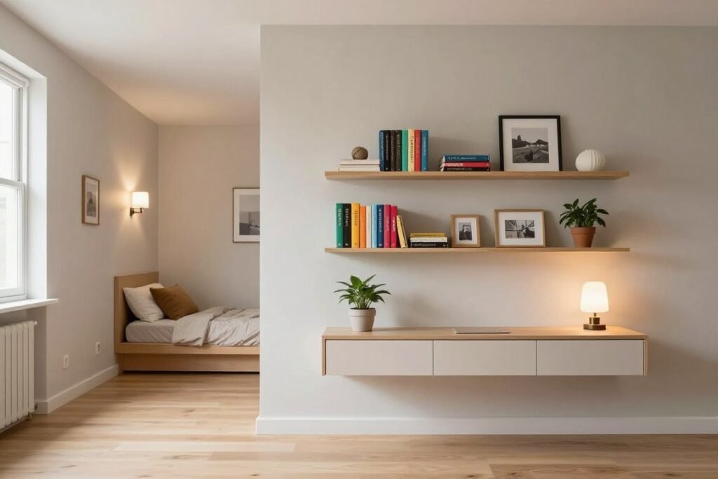A modern small studio apartment interior showcasing wall-mounted and floating elements designed to maximize space. In the foreground, a sleek floating desk with minimalistic design, adorned with a small potted plant and a vintage lamp. In the middle, wall-mounted shelves displaying colorful books, decor items, and framed photos, adding character and organization. In the background, a cozy reading nook with a wall-mounted reading light and a subtle, open view of a window with soft, natural light streaming in. The walls are painted in soothing neutral tones, and the flooring features light wood for warmth. The atmosphere is inviting and spacious, emphasizing the concept of clever space-saving solutions while maintaining a stylish aesthetic. Use a wide-angle lens to capture the essence of the space, highlighting the seamless integration of functional furniture.