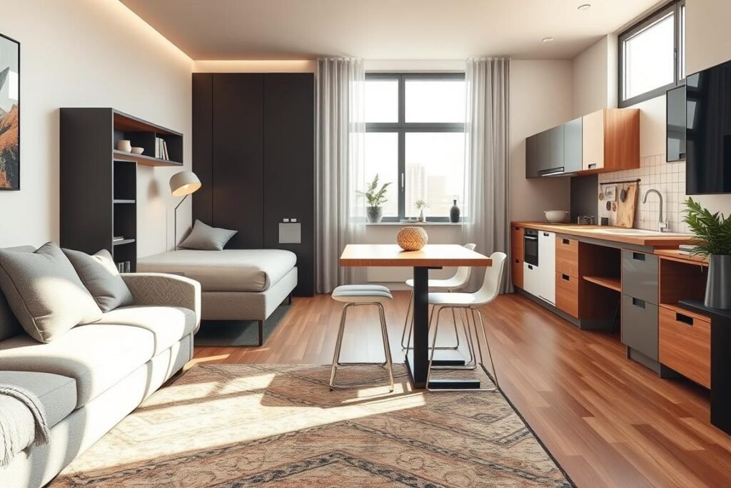 A modern small studio apartment showcasing space-saving furniture, featuring a convertible sofa that transforms into a bed, a compact dining table with sleek stools, and innovative storage solutions integrated into the walls. The foreground focuses on a cozy living area with a stylish rug, while the middle ground highlights the dual-purpose furnishings in a warm, inviting layout. The background reveals a neat kitchenette, with natural light streaming through a large window, creating a bright and airy atmosphere. The scene is captured with a wide-angle lens, presenting a realistic perspective that emphasizes the efficient use of space. Soft, ambient lighting adds warmth and encourages a sense of comfort in this thoughtfully designed small living environment.