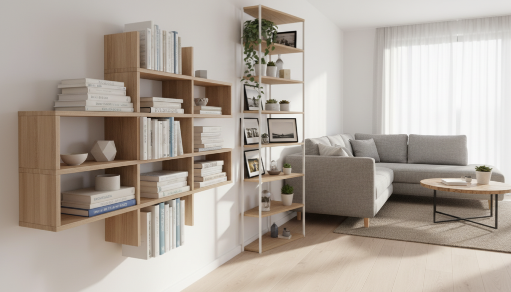A modern, space-saving bookshelf design showcasing innovative storage solutions for small living spaces. In the foreground, highlight a sleek bookshelf made of light wood with staggered shelving, creatively showcasing books and decorative items. In the middle ground, feature a corner bookshelf that utilizes vertical space, adorned with potted plants and framed pictures to add a personal touch. The background should have a cozy, minimalistic living room with soft, natural lighting filtering through a window, casting gentle shadows. Use a wide-angle lens effect to emphasize the clever use of space while maintaining a comfortable and inviting atmosphere. The overall feel should be fresh, organized, and inspiring for small home solutions.