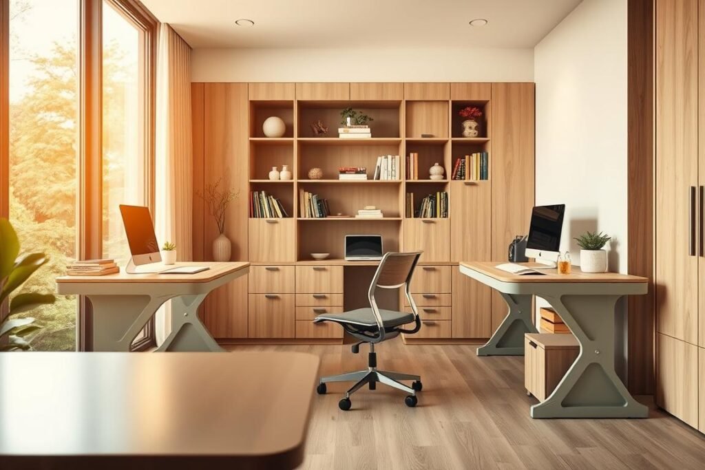 A modern, space-saving home office setup featuring innovative furniture solutions. In the foreground, sleek, multi-functional desks with built-in storage compartments, showcasing an organized workspace. A foldable chair with minimalistic design complements the desk, emphasizing efficiency. The middle section reveals a compact bookshelf integrated into the wall, filled with books and decorative items, enhancing the cozy atmosphere. In the background, large windows allow natural light to flood the room, illuminating the warm color palette of soft greens and light woods. The scene captures a well-thought-out arrangement that maximizes space and promotes productivity, creating an inviting and inspiring work environment. Focus on warm, natural lighting, shot at a wide angle to encompass the entire office layout.