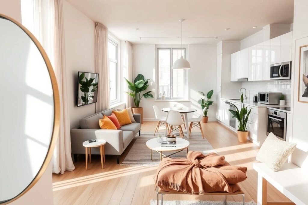 A modern studio apartment with an open layout, showcasing a bright and airy atmosphere. In the foreground, a sleek, round mirror reflects natural light, enhancing the sense of space. The middle section features a cozy living area with a contemporary sofa adorned with colorful cushions, paired with a stylish coffee table. A small dining nook with a minimalist table and stylish chairs sits nearby, illuminated by a chic pendant light. The background reveals a compact kitchen with white cabinets and stainless steel appliances, complemented by greenery from potted plants. Soft light filters through large windows, casting a warm glow, while a subtle palette of pastel colors creates an inviting mood, inspiring feelings of spaciousness and comfort.