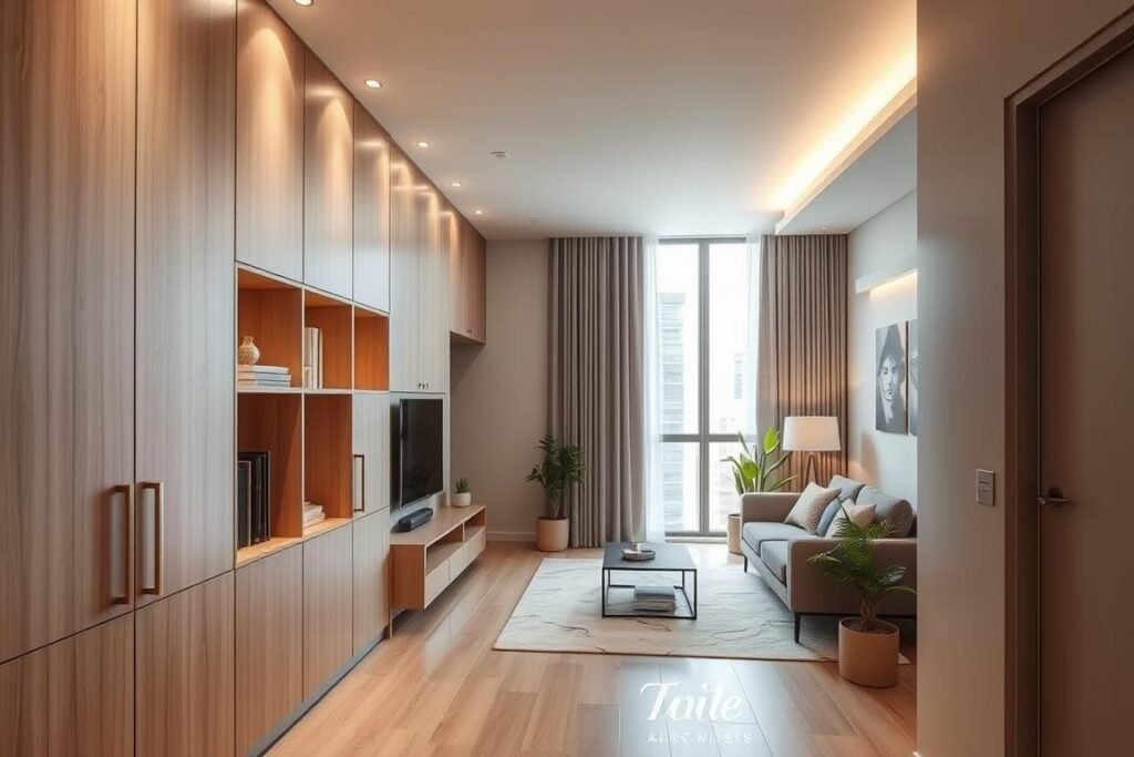 A modern, stylish condo interior featuring innovative floor-to-ceiling storage solutions. In the foreground, sleek built-in cabinetry crafted from light wood with minimalist metal handles, showcasing open shelves filled with decorative items. The middle ground reveals a living area with a compact, elegant sofa and a coffee table placed beneath a large window, allowing natural light to illuminate the space. Vibrant indoor plants add a touch of color. In the background, soft lighting highlights the ceiling's height, emphasizing the vertical storage that seamlessly integrates into the overall design. The atmosphere is serene and organized, embodying a minimalist aesthetic suitable for small urban living environments.