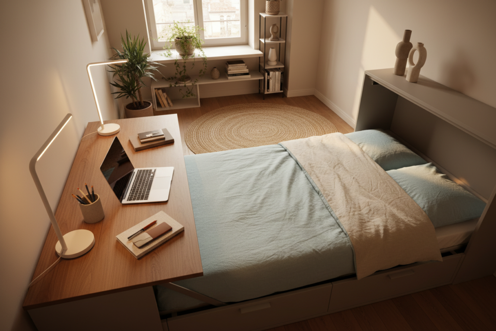 A modern, stylish desk-to-bed convertible furniture piece neatly arranged in a cozy, small apartment. In the foreground, the desk is fully functional with a sleek laptop, a minimalist lamp, and stationery neatly placed. The desk seamlessly transforms into a full-sized bed, showing how it folds out, with soft, inviting bedding in soothing colors. In the middle ground, a small area rug adds warmth, while a shelf holds decor items and books. The background features a window with soft natural light streaming in, casting gentle shadows. The overall atmosphere is tranquil and innovative, promoting a harmonious work-sleep balance, embodying space-saving elegance. The image is shot with a warm tone, at a slight angle to showcase both functionalities effectively.