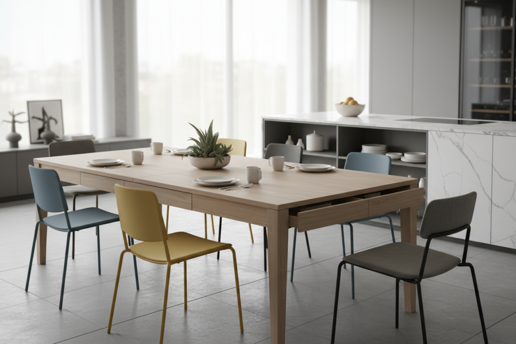 A modern, stylish dining room featuring multi-functional dining tables with integrated storage solutions. In the foreground, a sleek rectangular table made of light wood with hidden compartments and pull-out drawers, adorned with minimalist tableware and a decorative plant centerpiece. In the middle ground, various chairs surround the table, showcasing a mix of contemporary designs and colors. The background reveals an open-concept kitchen with soft, natural light streaming through large windows, highlighting the seamless blend of dining and storage spaces. The atmosphere is inviting and cozy, evoking a sense of warmth and functionality. Use soft, diffused lighting to create a homey feel, capturing the essence of a small but efficient dining area.