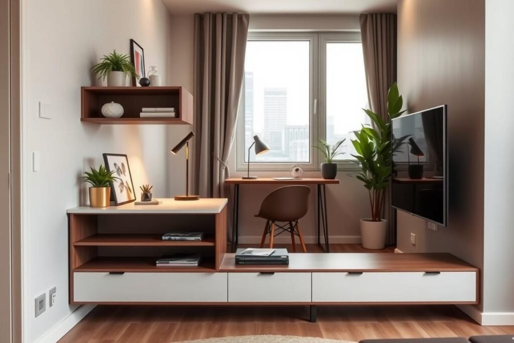 A modern, stylish small apartment interior showcasing an elegant wall-mounted TV unit. The foreground features a sleek, minimalist TV unit with a mounted flat-screen television, integrated shelving for decorative items, and a subtle cable management system. In the middle, a compact, stylish desk is also wall-mounted, featuring a contemporary lamp and neatly arranged office supplies. The background displays a bright window with natural light pouring in, revealing a glimpse of city life outside. The room is adorned with houseplants and minimalist artwork, creating a cozy yet functional atmosphere. Soft, warm lighting enhances the inviting ambiance, captured from a slightly elevated angle to emphasize the space-saving design elements.