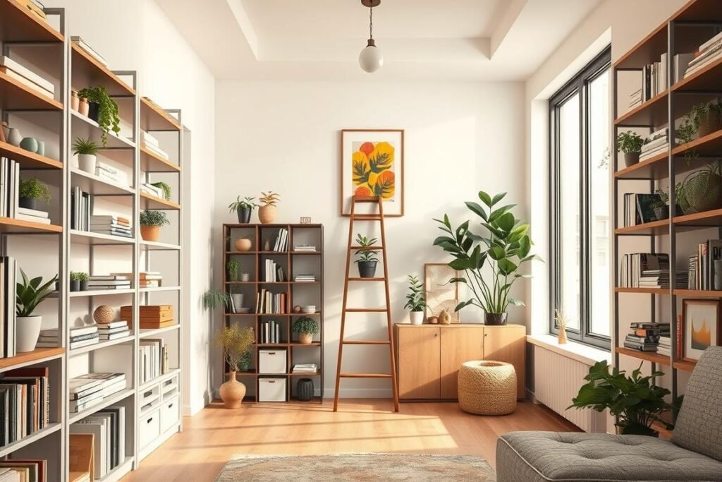 A modern, stylish small apartment interior showcasing innovative vertical storage solutions that maximize space from floor to ceiling. In the foreground, sleek shelves filled with neatly arranged books, plants, and decorative boxes. The middle ground features a compact ladder leaning against a wall-mounted storage unit, with vibrant wall art hanging above, emphasizing a trendy, organized look. In the background, large windows allow soft, natural light to flood the room, enhancing the cozy atmosphere. The color palette includes warm neutrals with pops of greenery, creating a fresh, inviting environment. The angle captures a wide view of the room to emphasize the vertical storage design, making it feel open and airy. The overall mood is modern, functional, and inspiring.