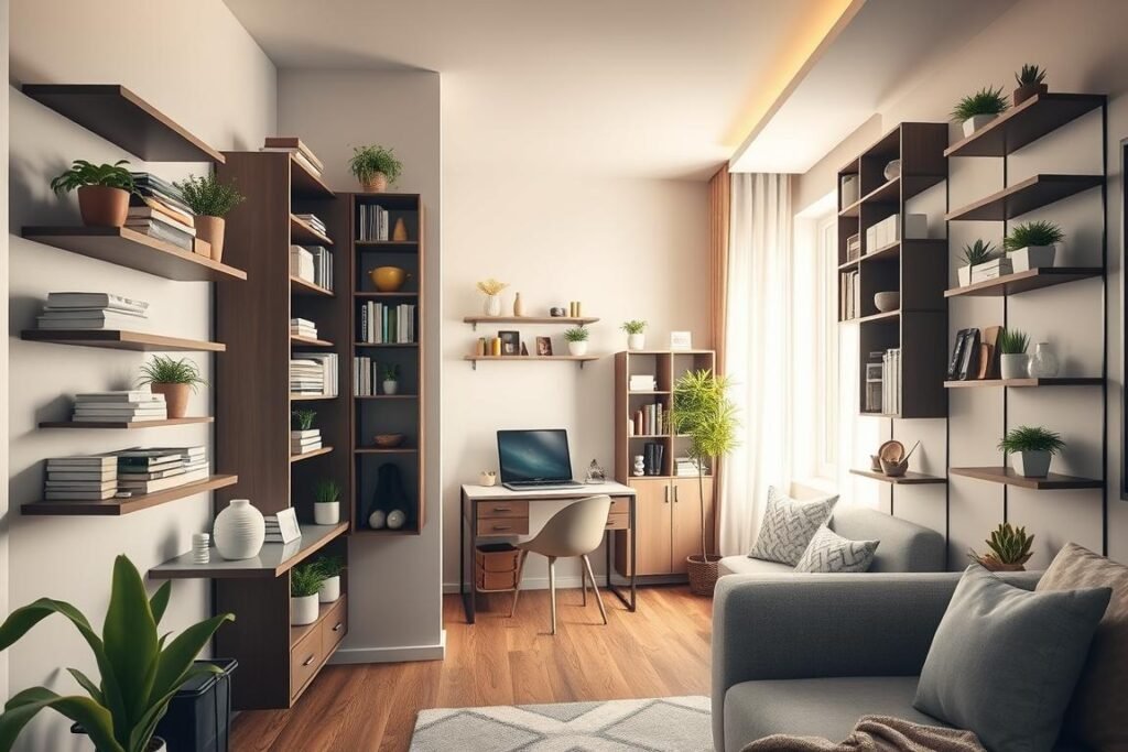 A modern, stylish small condo interior showcasing innovative vertical storage solutions. In the foreground, sleek, wall-mounted shelves filled with neatly organized books, plants, and decorative items. The middle ground features a compact work desk integrated into a wall unit, maximizing space efficiency. Multiple floating shelves and vertical organizers are displayed, demonstrating practical use of wall space. The background includes a soft, inviting living area with a cozy atmosphere, illuminated by warm natural light streaming through a window. Opt for a slightly elevated angle to capture the depth and functionality of the storage solutions, creating a harmonious balance between style and space-saving design. Ensure the overall mood is fresh, contemporary, and inspiring for small living environments.