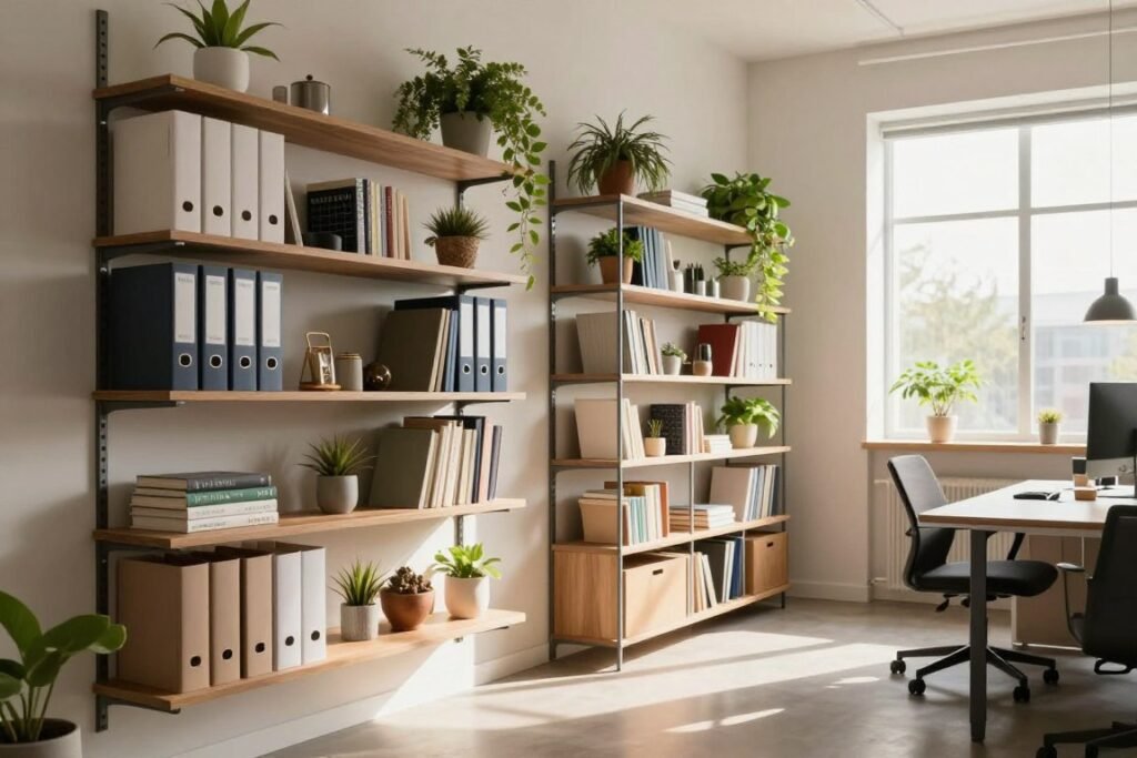 A modern, tidy office space featuring innovative vertical storage solutions. In the foreground, sleek wall-mounted shelves showcase organized folders, books, and decorative items. The middle ground includes a tall, minimalist bookshelf filled with plants and office supplies, creating a sense of verticality and maximizing space. The background features a large window allowing natural light to flood the room, casting soft shadows and enhancing the inviting atmosphere. The color palette is a blend of calming neutral tones with pops of greenery, promoting a productive mood. Use a wide-angle lens to capture the entire scene, emphasizing the vertical storage and the spaciousness of this compact office setup. The lighting should be bright and warm, conveying a positive and inspiring work environment.
