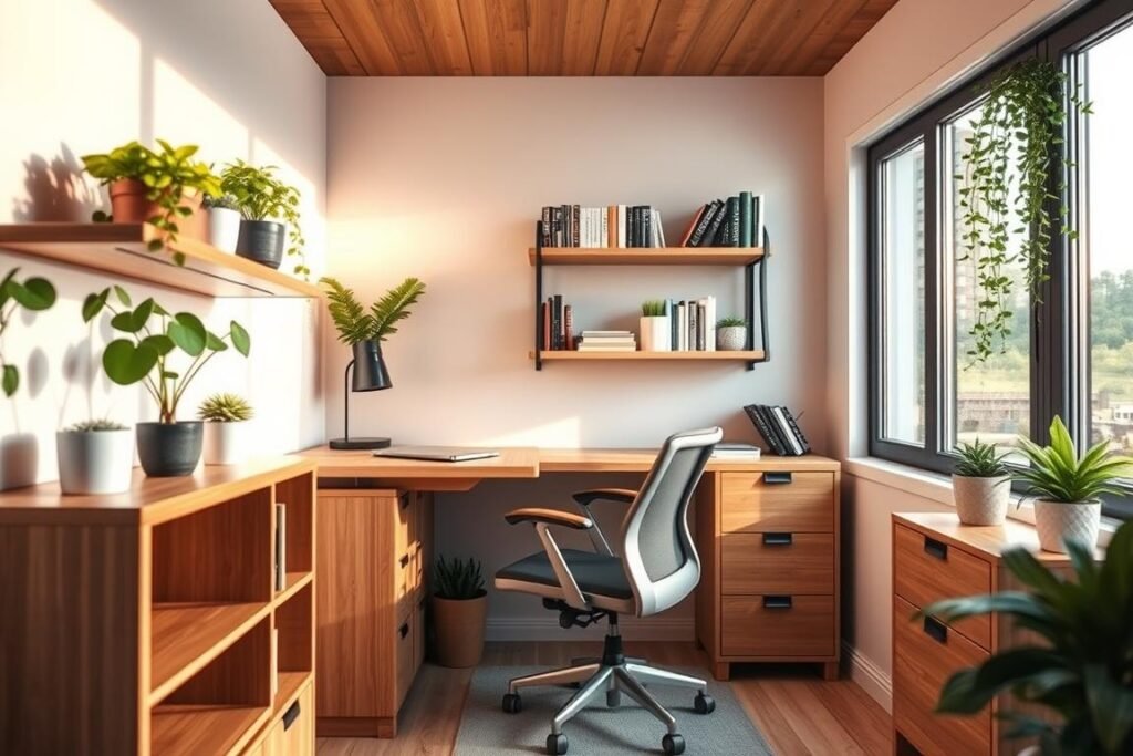 A modern tiny home office featuring innovative space-saving furniture designed to maximize vertical space. The foreground showcases a multi-functional desk with built-in shelves and a fold-down work surface, accented by potted plants. In the middle, wall-mounted shelves display books and decorative items, while an ergonomic chair tucks neatly underneath the desk. The background includes a bright window that floods the room with natural light, enhancing the airy feel. Soft, warm lighting highlights the furniture's textures, creating a cozy atmosphere. The overall composition emphasizes organization and functionality in a compact space, inspiring productivity without clutter. Use a wide-angle lens to capture the entire setting, promoting an inviting yet efficient workspace.