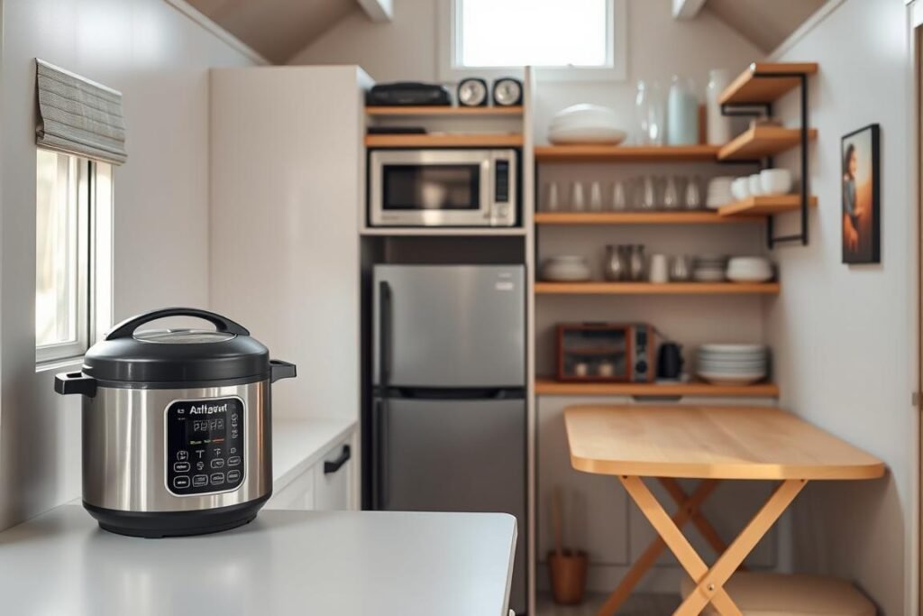A modern tiny house kitchen featuring efficient, space-saving appliances. In the foreground, showcase a compact multi-cooker and a sleek toaster oven on a minimalist countertop. The middle layer includes a small refrigerator with a built-in microwave above it, and a collapsible dining table pushed against the wall. In the background, display organized shelves with neatly arranged glassware and cookware, maximizing vertical space. Soft natural light filters through a small window, creating a warm, inviting atmosphere. Use a wide-angle lens to capture the entirety of this efficient kitchen, emphasizing both functionality and style. The overall mood is cozy and practical, illustrating the essence of compact living with smart appliance choices.