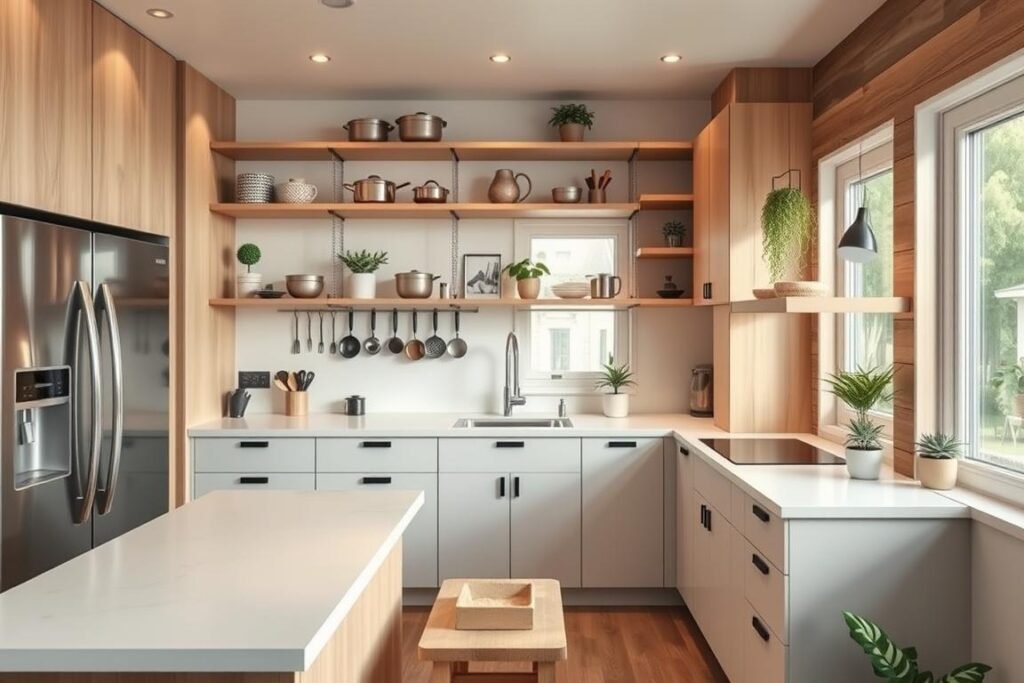 A modern tiny kitchen design featuring innovative vertical storage solutions. In the foreground, a compact kitchen island with sleek cabinetry and space-saving seating. The middle section showcases custom shelving that reaches to the ceiling, displaying neatly arranged pots, pans, and decorative plants, emphasizing verticality. Stainless steel appliances blend seamlessly with light wood finishes and white quartz countertops, creating a clean, bright aesthetic. In the background, large windows allow natural light to flood the space, enhancing the airy and open feel. Use soft, warm lighting to evoke a cozy atmosphere, capturing the essence of efficient living in a stylish, functional environment. The scene should be realistic with inviting details but not overcrowded, showcasing the innovative use of space in a tiny kitchen.