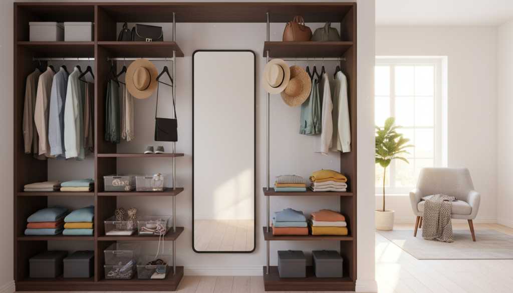 A modern vertical closet design with sleek shelves and hanging space, showcasing an efficient use of vertical storage for small living areas. The foreground features neatly organized clothes in varying colors, folded neatly on shelves, and accessories displayed in clear containers. In the middle, a row of hooks holds bags and hats, while a slim, full-length mirror reflects the closet's functionality. The background includes a cozy, bright room with soft natural light filtering in through a nearby window, highlighting the uncluttered aesthetic. Use a wide-angle lens for depth, maintaining a realistic feel with some imperfections. The mood is fresh and inspiring, emphasizing clever solutions for maximizing limited space.