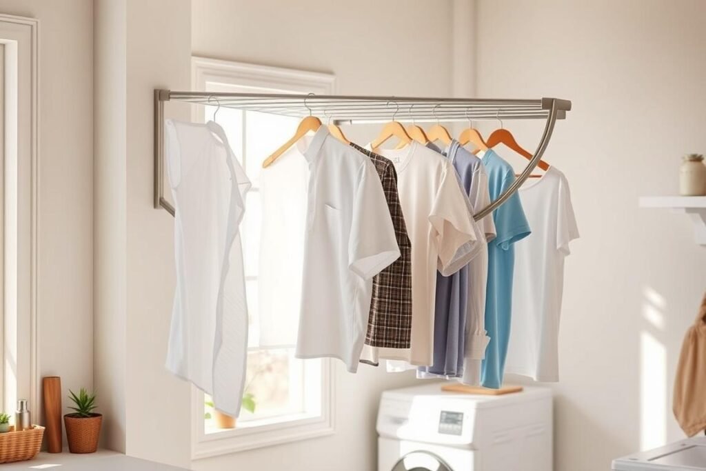 A modern wall-mounted folding clothes drying rack made of sleek stainless steel, elegantly designed to maximize space in a small home. The rack is fully extended, showcasing multiple horizontal bars lined with freshly laundered clothes, including shirts, towels, and delicate items, all neatly hung. The background features a cozy, sunlit laundry room with soft natural light streaming through a nearby window, reflecting off the wall and illuminating the items on the rack. The room has a minimalist aesthetic, with subtle decor elements like indoor plants and neatly arranged laundry supplies on a shelf. The image captures a warm, inviting atmosphere of efficiency and tidiness, suggesting a smart solution for small living spaces.