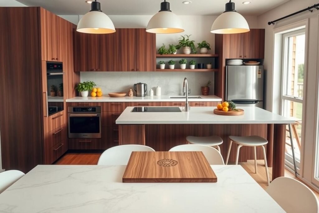 A multi-functional kitchen island designed for a tiny home, showcasing sleek, modern cabinetry with a rich walnut finish. In the foreground, the island features a spacious, white marble countertop that doubles as a dining area with stylish bar stools. The middle ground displays built-in appliances, including a compact stove and a pull-out cutting board, emphasizing smart storage solutions. Surrounding the island, contemporary pendant lights cast warm, inviting lighting. The background reveals a cozy kitchen space with open shelving filled with potted herbs, a small fridge, and natural light streaming through a window, creating an atmosphere of warmth and efficiency. The overall scene conveys practicality and elegance in a compact space.