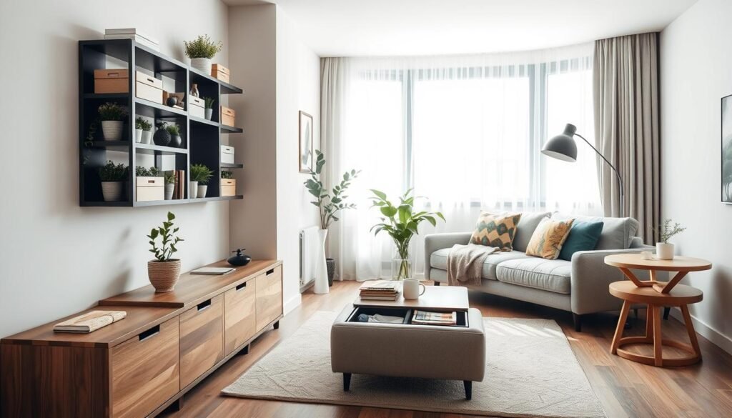 A neatly organized living area in a tiny apartment showcasing clever storage solutions. In the foreground, elegant wall-mounted shelves filled with decorative boxes and plants, maximizing vertical space. In the middle, a compact coffee table with hidden compartments and a stylish ottoman serving as additional storage. The background features a cozy sofa adorned with colorful cushions and a multi-functional side table that blends with the decor. Soft, natural light floods the room from a large window with sheer curtains, creating a warm and inviting atmosphere. The angle captures the depth of the space, emphasizing the functionality of each storage element while maintaining a minimalistic aesthetic. The scene should convey a sense of order and tranquility, ideal for modern apartment living.