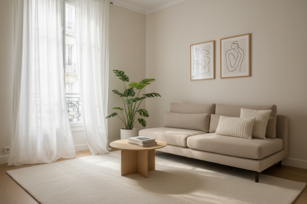 A serene French minimalist living room, emphasizing a harmonious blend of simplicity and elegance. The foreground features a sleek, low-profile sofa in muted tones, paired with a small, round wooden coffee table adorned with an artful arrangement of a single green plant. In the middle, a light-colored area rug gently defines the seating area, while subtle accent pillows provide a touch of comfort. The background showcases large, airy windows allowing natural light to flood the space, with sheer white curtains gently billowing. Soft, neutral walls complement minimalist artwork hung at eye level. A subtle play of shadows enhances the room's warmth, creating an inviting atmosphere. Shot with a wide-angle lens to capture the entire room, the lighting is bright and soft, evoking a calm, peaceful vibe ideal for small Parisian apartments.