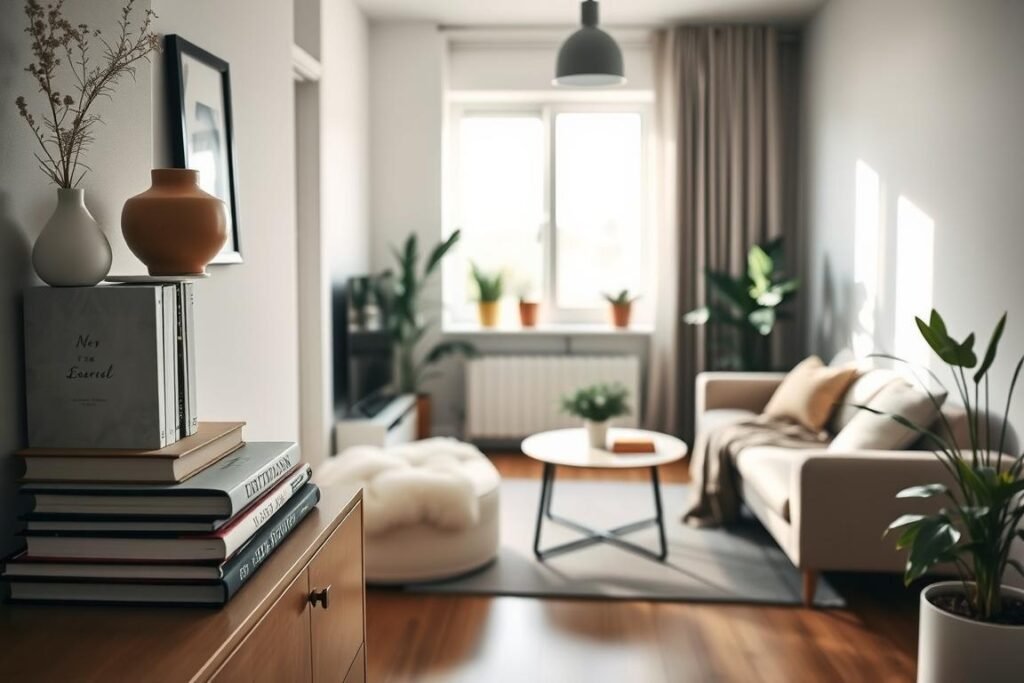 A serene and inviting small apartment interior showcasing intentional minimalist decluttering strategies. In the foreground, a well-organized shelf holds a few carefully chosen decorative items alongside neatly stacked books, emphasizing simplicity. The middle ground features a cozy living area with a small, stylish coffee table and a plush, minimalist sofa adorned with a single blanket. The background reveals a window with soft, natural light streaming in, illuminating the room and casting gentle shadows. Organic plants are strategically placed, enhancing the calming atmosphere. The overall mood is one of tranquility and efficiency, embodying the essence of minimalist living. Use soft lighting to create a warm, welcoming environment, focusing on balance and harmony.