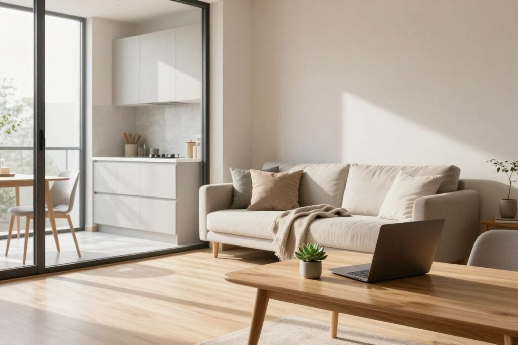 A serene and minimalist living space designed for small apartments. In the foreground, a simple wooden table with a single succulent plant and an open laptop, emphasizing functionality. The middle of the scene features a cozy corner with a light sofa adorned with neutral-toned cushions and a soft throw blanket, against a backdrop of light-colored, textured walls. A floor-to-ceiling window allows natural light to flood the room, casting soft shadows on the pale wooden floor. In the background, a compact kitchenette with sleek cabinetry underscores efficient design, with a small dining area that features two chairs. The atmosphere is calm and inviting, conveying a sense of modern elegance and practicality, ideal for minimalist decor. The soft, warm lighting enhances the peaceful ambiance, making the space feel larger and welcoming.