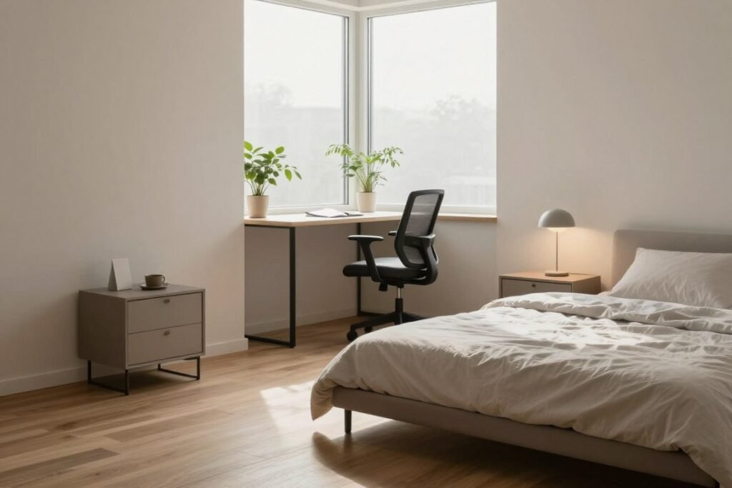 A serene minimalist bedroom design, emphasizing space-saving principles for small areas. In the foreground, a sleek, low-profile bed with a simple, neutral-colored duvet cover. Adjacent to it, a small, modern nightstand with a minimalist lamp, showcasing clean lines. The middle ground features a compact work desk with an ergonomic chair, surrounded by plants that add a touch of greenery. The background reveals a large window allowing natural light to flood the room, creating a bright, airy atmosphere. Soft shadows cast by gentle morning light enhance the tranquil mood. Earthy tones and subtle textures are reflected in the hardwood floor and walls, contributing to a sense of calm and simplicity. The angle captures the essence of an organized, clutter-free space, perfect for maximizing functionality while maintaining aesthetic appeal.