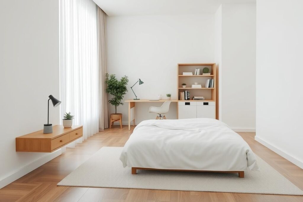 A serene minimalist bedroom layout designed for small spaces, featuring a low-profile platform bed with crisp white linens and a simple wooden headboard as the focal point in the foreground. To the side, a compact, floating nightstand holds a small modern lamp and a solitary potted plant, emphasizing decluttered surfaces. In the middle ground, there’s a stylish, unobtrusive workspace with a sleek desk, a minimalist chair, and a neatly arranged view of organized shelves with only a few essential books and decorative items. The background is light and airy, showcasing a large window with sheer curtains that gently diffuse soft, natural light throughout the room. The overall atmosphere conveys tranquility and simplicity, promoting a clutter-free mindset.