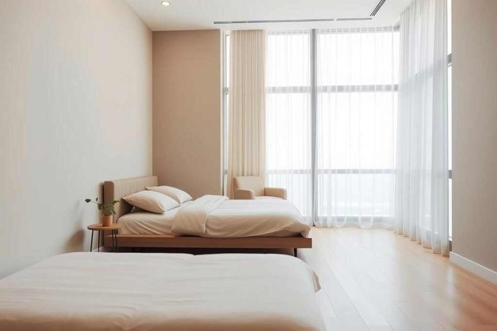 A serene minimalist condo bedroom designed for tranquility and efficiency. The foreground features a sleek, low-profile platform bed with simple, neutral bedding, paired with a small side table showcasing a single potted plant. In the middle, a cozy reading nook with a minimalist armchair and a small bookshelf against a soft, muted wall color. The background reveals large windows allowing natural light to flood the space, adorned with sheer curtains that create a soft glow. The flooring is light wood, enhancing the airy feel. Use soft, diffused natural lighting for a calm atmosphere, and capture the scene from a slightly elevated angle to showcase the room's spaciousness and thoughtful layout.