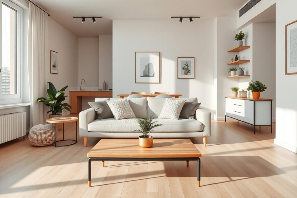A serene minimalist condo interior featuring an open living space that emphasizes spaciousness. In the foreground, a simple Scandinavian-style wooden coffee table with a small green plant. In the middle ground, a cozy, neutral-toned sofa adorned with textured throw pillows, positioned against a large window that allows soft, natural light to filter in, enhancing the airy feel. The background showcases white walls adorned with subtle artwork, and floating shelves displaying plants and minimal decor. The flooring is light wood, complementing the minimalistic design. The atmosphere is calm and inviting, with a focus on functionality and modern aesthetics. The image captures a wide-angle view to highlight the open layout and spaciousness.