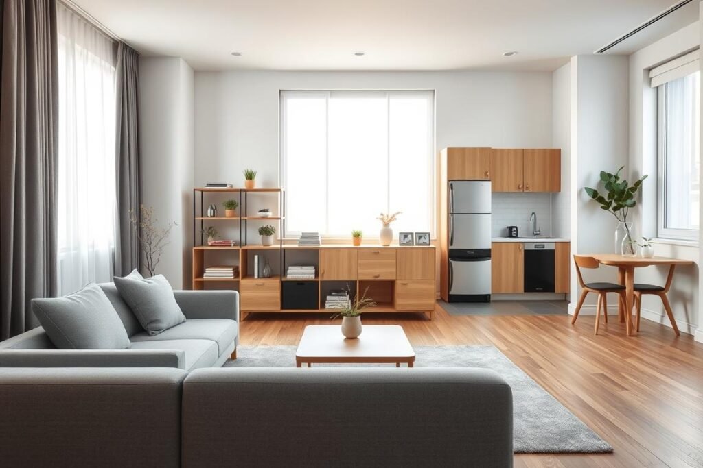 A serene minimalist studio apartment showcasing a harmonious blend of functionality and style. In the foreground, a sleek, low-profile sofa in a soft gray fabric faces an elegant, multifunctional coffee table made of light wood. The middle layer features an open shelving unit adorned with minimal decor, small potted plants, and a few carefully selected books. Against the backdrop, large windows allow natural light to flood the space, revealing white walls and a tasteful, neutral color palette. A cleverly designed compact kitchen with integrated appliances and an intimate dining area stands in one corner. The scene conveys a warm, inviting atmosphere with gentle shadows and soft, diffused lighting, emphasizing clutter-free living and a tranquil mindset.