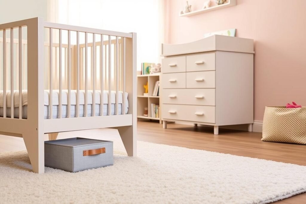 A serene nursery interior showcasing under-furniture storage solutions. In the foreground, a cozy, soft rug with a couple of stylish, compact storage bins tucked under a sleek, low-profile crib. The middle ground features a modern changing table with pull-out drawers beneath it, displaying neatly organized baby essentials. The background includes a softly painted wall in pastel colors, with a small bookshelf positioned close to the crib, filled with colorful children's books. Natural light filters in through sheer curtains, casting a warm, inviting glow throughout the room. This tranquil atmosphere reflects smart space-saving ideas while maintaining a playful and nurturing environment for babies.