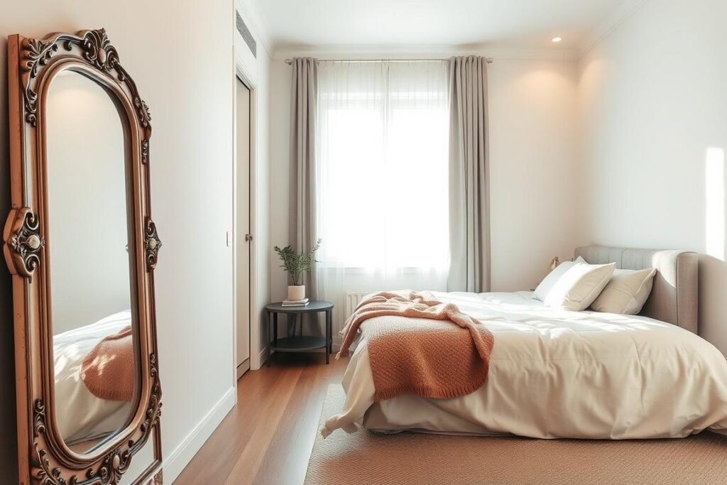 A serene small apartment bedroom designed for maximal visual expansion using mirrors. In the foreground, a large decorative mirror with an ornate frame leans against the wall, reflecting subtle light. The middle ground showcases a neatly made bed with soft, pastel-colored bedding and a cozy throw blanket. Adjacent to the bed, a sleek nightstand holds a small plant and a stack of neatly arranged books. In the background, light streams through a window dressed with sheer curtains, illuminating the space. The walls are painted in soft tones to enhance the feeling of openness. The atmosphere is calm and inviting, with a touch of modern elegance. The lighting is soft and warm, creating a cozy yet spacious feel, emphasizing the clever use of mirrors to create depth and light.