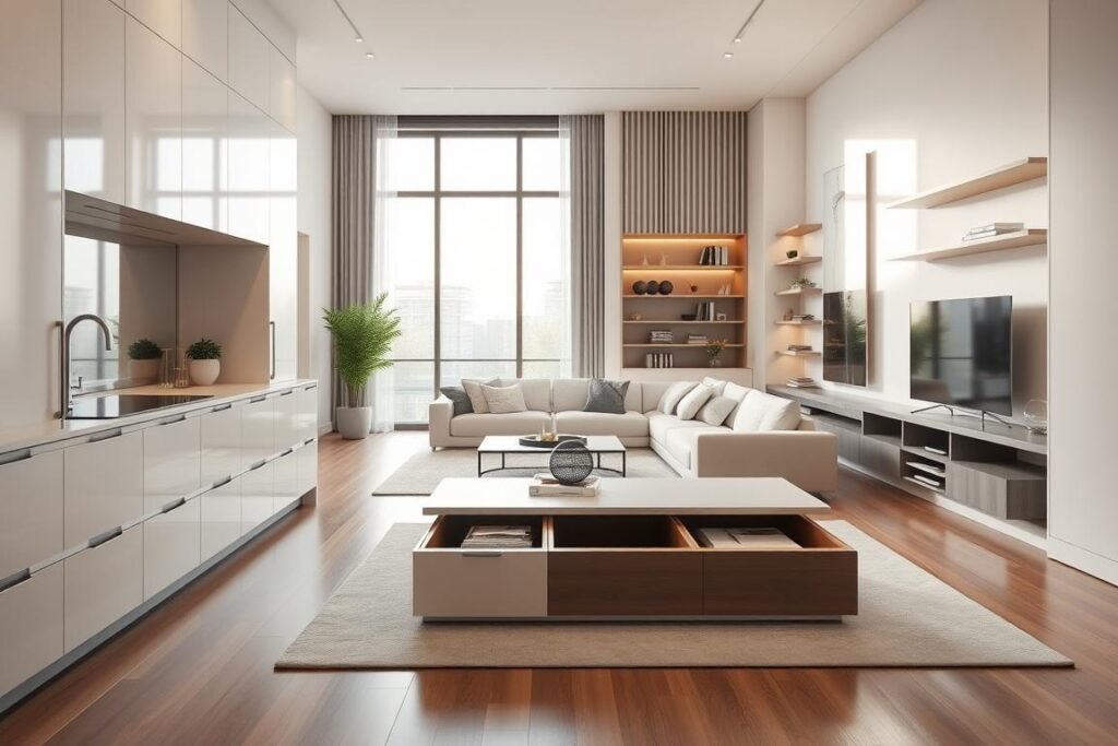 A sleek modern condo interior showcasing innovative hidden storage solutions. The foreground features a sleek minimalist kitchen with cabinetry that seamlessly blends into the walls, providing ample storage without clutter. In the middle, an open living area with a streamlined sofa and a multi-functional coffee table reveals hidden compartments when opened. The background shows tall windows with natural light streaming in, illuminating the clean lines and subtle color palette of whites and neutral tones. Elegant shelving units are integrated into the walls, displaying decorative items while concealing additional storage. The atmosphere is calm and airy, evoking a sense of modern tranquility. The image captures a professional lens perspective, emphasizing spatial efficiency and sophistication without any text or distractions.
