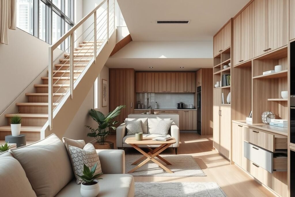 A sleek, modern minimalist condo interior showcasing ingenious hidden storage solutions, such as built-in cabinets under a stylish staircase, sleek drawers integrated into the furniture, and hidden compartments in the walls. The foreground features a beautifully arranged living area with neutral tones, accent plants, and decorative elements that harmonize with the storage concepts. In the middle, a cozy seating area is complemented by a small, foldable table that cleverly conceals additional storage. The background reveals a tidy kitchen with overhead cabinets extending up to the ceiling, emphasizing vertical space. Warm, natural lighting pours in from large windows, creating a bright and inviting atmosphere. The angle is a slightly elevated perspective, capturing both functionality and aesthetic appeal, evoking a sense of ingenious organization and serenity in small living spaces.