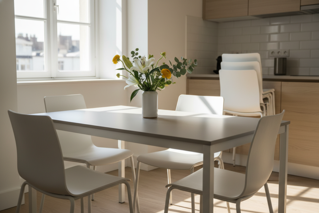 A slim-profile dining table designed for modern small spaces, featuring a sleek, minimalist aesthetic with clean lines and a soft, matte finish. The table is set in a cozy dining nook with stackable chairs arranged around it, showcasing a harmonious blend of functionality and style. In the foreground, the smooth surface of the table is adorned with a small vase of fresh flowers, adding a vibrant touch. The middle ground captures the elegance of the stackable chairs, which are neatly placed against the wall, creating an unobtrusive look. The background features a softly lit kitchen area, with natural light filtering through a window, casting gentle shadows. The overall mood is inviting and contemporary, perfect for compact living spaces.