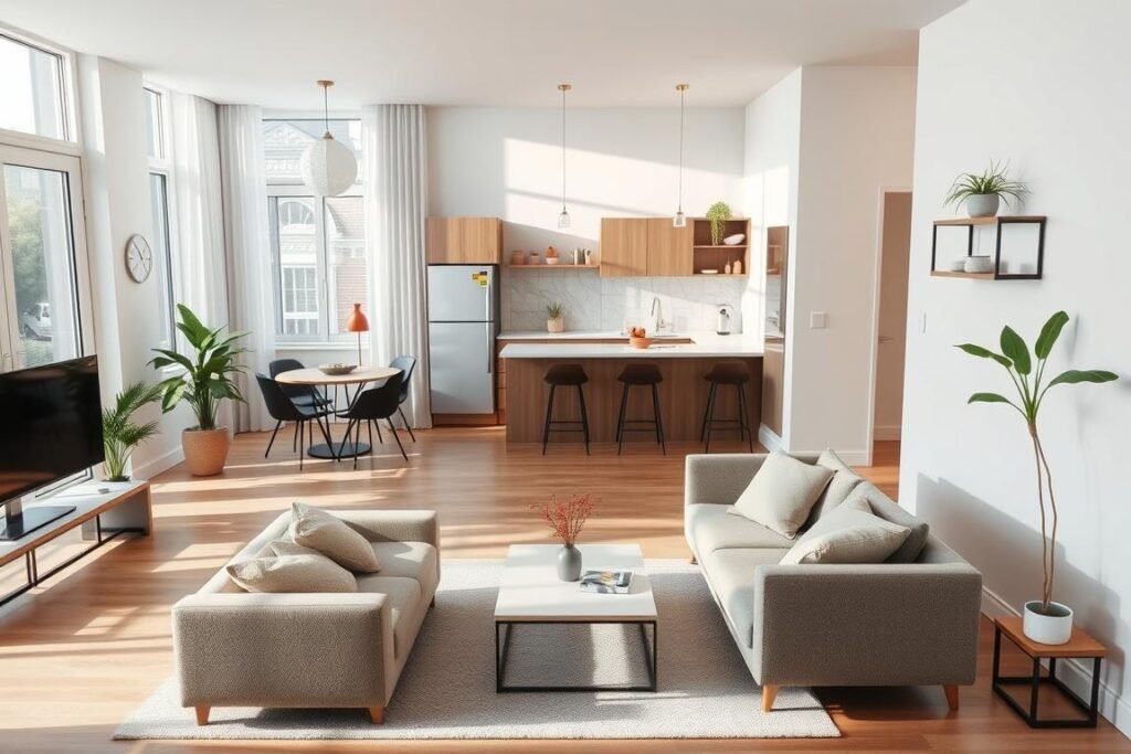A small apartment layout showcasing a traffic-flow-optimized design. In the foreground, a compact living area features a cozy sofa and a minimalist coffee table arranged for easy movement. The middle ground reveals a functional kitchen with space-saving cabinets and a dining nook that allows smooth transitions between areas. In the background, strategically placed shelves and decorative plants enhance the space while maintaining a clean look. Natural light pours through large windows, casting soft shadows and creating an inviting atmosphere. The scene is shot from a slightly elevated angle, giving a panoramic view of the layout. The overall mood is modern and efficient, highlighting smart design solutions for small spaces.