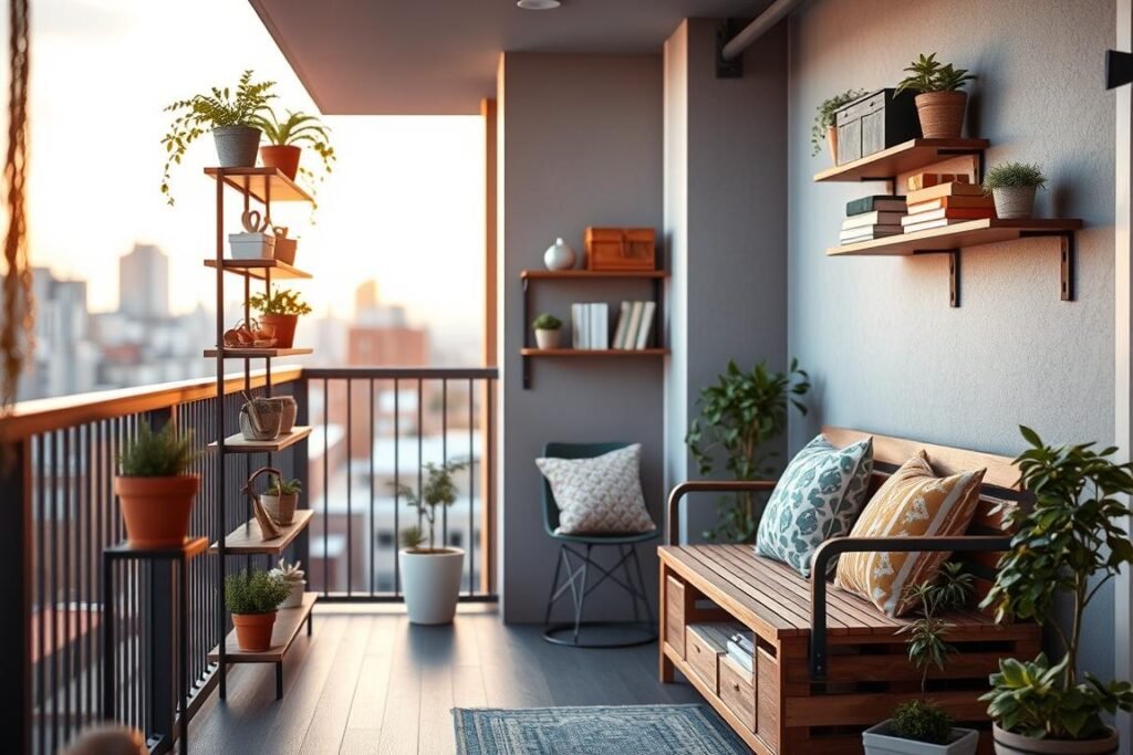 A small balcony scene featuring creative storage solutions, designed to maximize space without feeling cluttered. In the foreground, place stylish vertical shelves adorned with potted plants and decorative boxes, showcasing organized items like gardening tools and books. In the middle ground, include a compact wooden bench with built-in storage underneath, casually displaying a few colorful cushions. The background should reveal a charming view of a cityscape, partially blurred for depth, with soft evening sunlight casting a warm glow. The atmosphere should feel inviting and cozy, emphasizing a sense of tranquility and efficiency in urban living. Use a slightly elevated angle that captures the entire balcony, ensuring the furniture and storage solutions are the focal point of the composition.