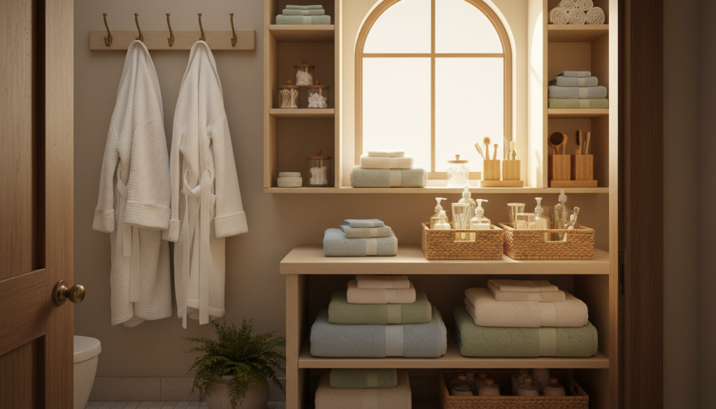 A small bathroom closet, meticulously organized, showcasing an array of neatly arranged towels, toiletries, and grooming items. In the foreground, a wooden shelf holds stacked, colorful towels and baskets filled with essential toiletries, creating a sense of order. The middle section features hanging hooks with neatly hung bathrobes and a small potted plant for a touch of greenery. The background reveals soft, warm lighting streaming in from a nearby window, illuminating the closet space and creating a cozy atmosphere. The closet door is slightly ajar, adding depth to the scene. The overall mood is fresh and functional, capturing the essence of efficient use of space while maintaining an inviting decor style.