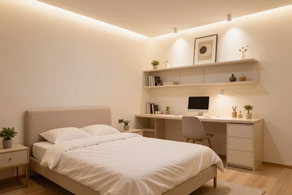 A small, cozy bedroom showcasing creative optical illusions to maximize space. In the foreground, a cleverly designed bed with a low-profile frame, blending seamlessly with an illusionary wall mural that gives the appearance of depth. The middle features a minimalist, multi-functional desk and shelving, using light colors and reflective surfaces to enhance the sense of openness. The background consists of clever lighting, with warm, diffused LEDs along the ceiling and spotlights highlighting artful decor pieces. The atmosphere is inviting and imaginative, encouraging exploration of space-saving ideas. Capture from a slightly elevated angle, emphasizing the height perception created by the illusions and the overall harmonious design, making it a bright and cheerful environment.