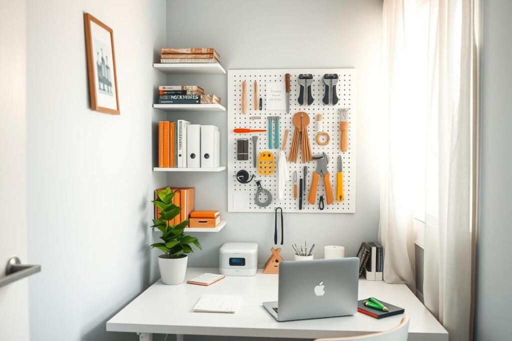A small, efficiently organized home office in a cozy corner, showcasing clever storage solutions. In the foreground, a compact desk with a sleek laptop, a potted plant, and minimalistic stationery. The middle area features wall-mounted shelves holding books, organizers, and decorative items, while a pegboard displays tools and supplies in an orderly fashion. The background is a soft-lit window with sheer curtains allowing natural light to illuminate the space, creating a warm and inviting atmosphere. The color palette includes calming tones of pastel blues and greens, evoking tranquility and focus. The scene captures a sense of productivity and creativity in a functional, delightful work environment.