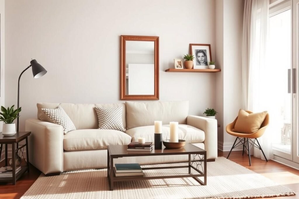 A small living room designed with a cozy atmosphere, featuring warm neutral tones and soft textures. In the foreground, a plush, light-colored sofa with patterned throw pillows invites relaxation. A stylish coffee table with books and candles sits atop a textured area rug. The middle of the room displays a wall-mounted mirror reflecting natural light, creating an illusion of spaciousness. Surrounding the mirror, decorative shelves hold potted plants and framed artwork, adding character. In the background, a large window allows soft, diffused sunlight to stream in, highlighting the room's inviting ambiance. The scene is photographed from a slightly elevated angle, emphasizing depth and the harmonious arrangement of furnishings, evoking a sense of comfort and practicality in small living spaces.