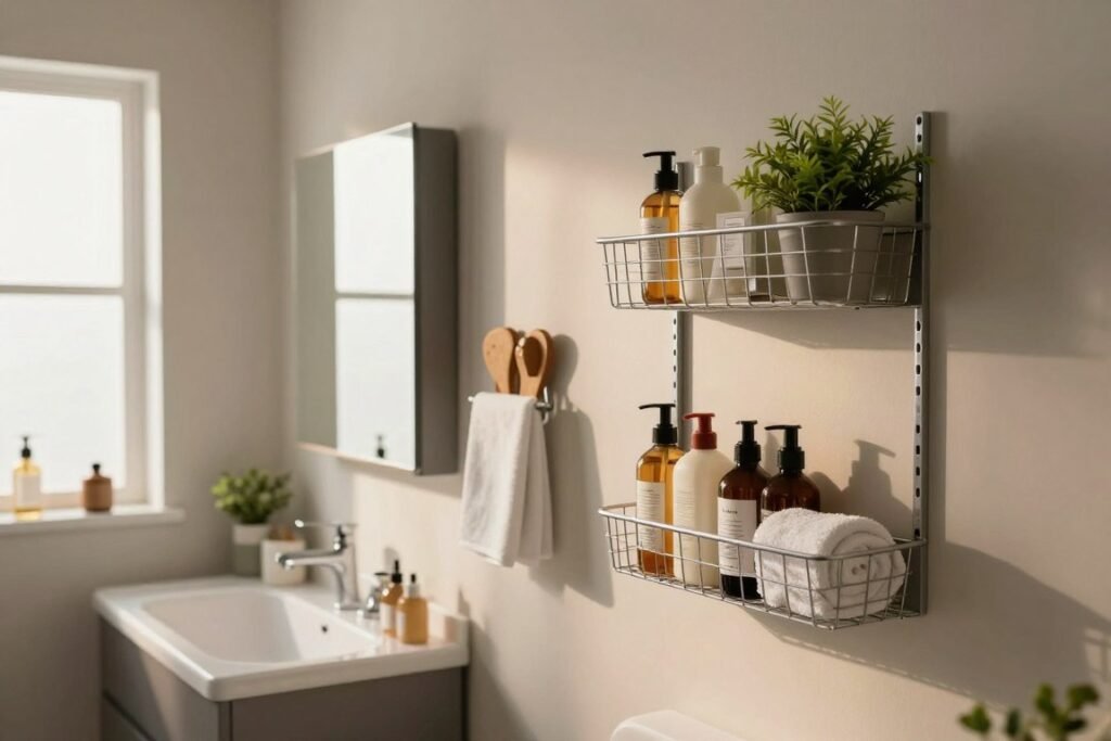 A small, modern bathroom in a compact studio apartment, showcasing efficient organization solutions. In the foreground, a stylish, wall-mounted shelving unit displaying neatly arranged toiletries and decorative plants. To the left, a compact vanity with a mirror reflecting warm, natural light streaming through a frosted window, creating a bright atmosphere. The middle ground features a clever use of vertical space, with hanging wire baskets containing bath essentials and rolled towels. The background includes soft, muted colors on the walls, enhancing the serene, minimalist vibe of the space. The lighting is soft and inviting, reminiscent of a cozy morning glow, with a slightly angled viewpoint to capture the depth and functionality of the bathroom. No people are present, ensuring focus on the organizational design.
