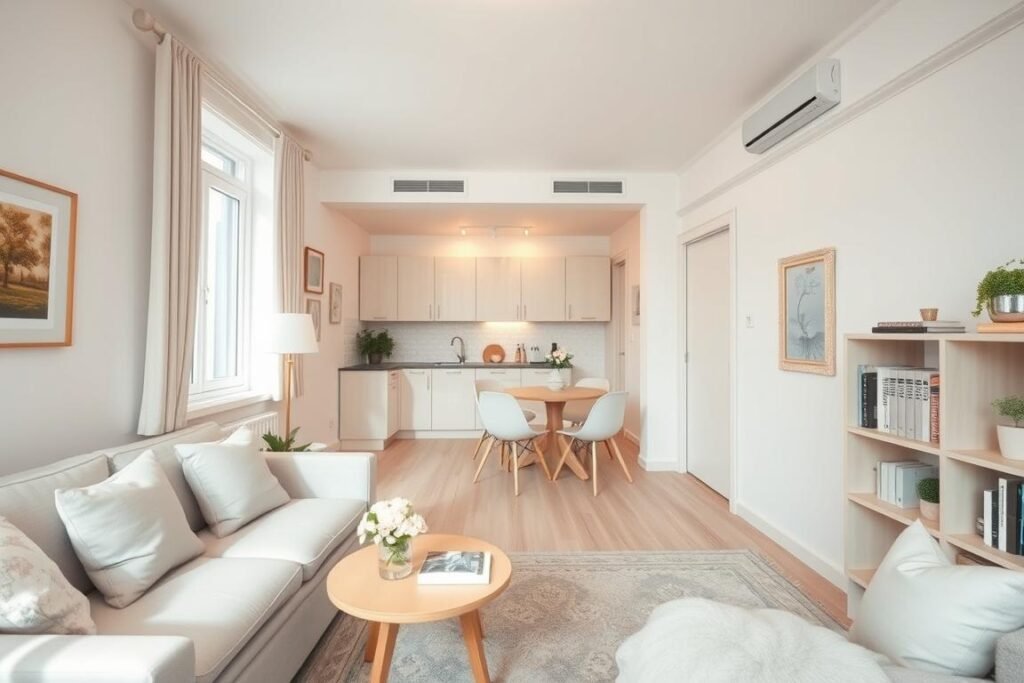 A small studio apartment, tastefully decorated in soothing light colors like soft white, pale beige, and delicate pastels. The foreground features a cozy living area with a light gray sofa adorned with pastel cushions, a small wooden coffee table with fresh flowers, and a stylish bookshelf filled with light-colored books and decorative items. In the middle, a compact dining area with a round table and four chairs complements the space, while a small, well-organized kitchen with light wood cabinets is visible. The background showcases a large window allowing natural light to flood in, creating a bright, airy atmosphere. Warm overhead lighting enhances the overall mood, making the studio feel inviting and spacious. The angle is from a slight upward perspective, emphasizing the height and openness of the space.