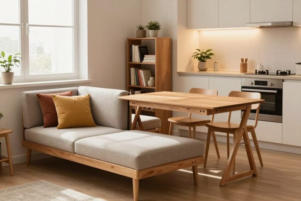 A small, stylish studio apartment featuring multifunctional furniture in a cozy, inviting atmosphere. In the foreground, a sleek, convertible sofa bed in a neutral tone, adorned with colorful throw pillows. A compact, foldable dining table made of warm wood beside it, complemented by minimalist chairs that can be tucked away. In the middle, a smart bookshelf with space for decor and storage, showcasing a blend of books and plants. The background features a gently lit kitchenette, with integrated appliances, and a window allowing soft natural light to bathe the room. The overall mood is modern and practical, emphasizing efficient use of space while maintaining a warm and homey feel. The lighting is bright yet soft, simulating a late afternoon glow.