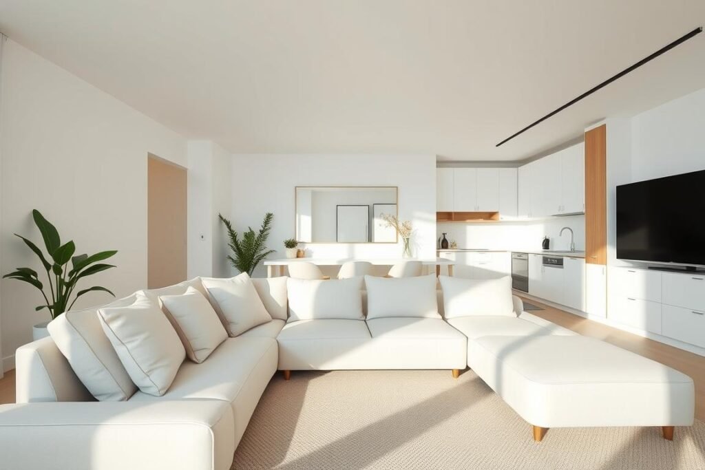 A spacious minimalist interior of a modern condo, focusing on light colors and the strategic use of mirrors to create a sense of expansive space. The foreground features a light-colored, sleek sectional sofa adorned with soft throw pillows. In the middle, a large mirror reflects natural light, enhancing the room’s openness. Subtle decorative accents include potted plants and minimalist wall art. The background showcases a bright kitchen with white cabinetry and wooden accents, seamlessly blending functionality and style. Bright, diffused lighting illuminates the space, creating a welcoming and airy atmosphere. The angle captures the harmonious flow of the layout, emphasizing the minimalist aesthetic and the effective use of light.