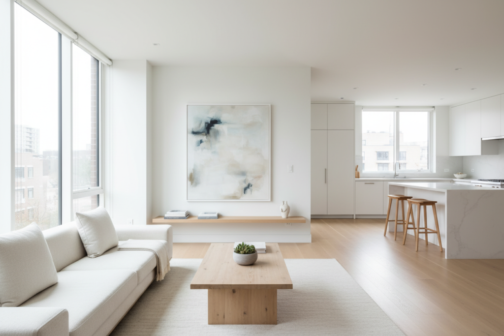 A spacious minimalist living room with natural light streaming through large windows, accentuating the open layout. In the foreground, a sleek, low-profile sofa with neutral-toned cushions sits next to a simple wooden coffee table, adorned with a small green plant. The middle of the scene features an aesthetically pleasing arrangement of minimal decor items, such as a single abstract painting on the wall and a few carefully placed books on a shelf. The background includes a soft, airy kitchen area with white cabinetry and a couple of stylish stools by a breakfast counter. The overall ambiance is serene and uncluttered, emphasizing a harmonious blend of functionality and simplicity. Bright, diffused lighting creates a welcoming atmosphere, highlighting the spaciousness and tranquility of the minimalist lifestyle.