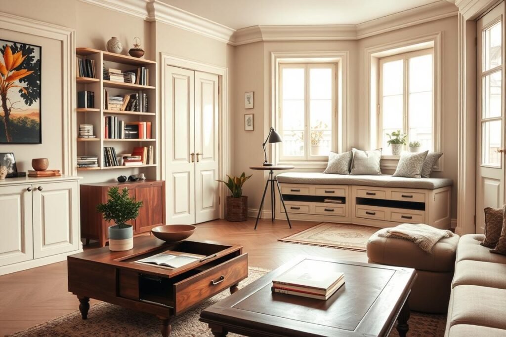 A stylish French apartment interior featuring compact storage solutions creatively integrated into every corner. In the foreground, a wooden coffee table with hidden compartments, adorned with a small potted plant and a decorative bowl. The middle ground showcases an elegant wall-mounted shelving unit filled with books, decorative items, and a pull-out desk for workspace efficiency. In the background, light streams through large windows, illuminating a cozy reading nook with a cushioned bench and storage drawers beneath. The overall atmosphere is warm and inviting, with a soft, neutral color palette and charming French decor elements. The lighting is soft and natural, capturing a sense of comfort and functionality in a small living space.