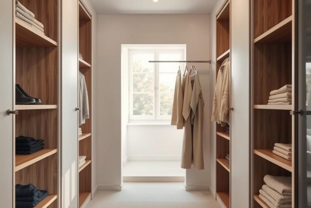 A stylish French minimalist closet design in a small apartment setting. In the foreground, sleek wooden shelves hold neatly arranged clothes in neutral tones, showcasing a blend of elegance and simplicity. The middle ground features a streamlined clothing rack with a few carefully selected garments draped in soft fabrics, emphasizing functionality and aesthetic appeal. The background reveals a light, airy framework with soft pastel wall colors and a large window allowing natural light to cascade in, creating a warm atmosphere. The lighting is soft and diffused, highlighting the textures of the materials used. The overall mood radiates tranquility and sophistication, embodying the essence of French minimalism without overcrowding the space.