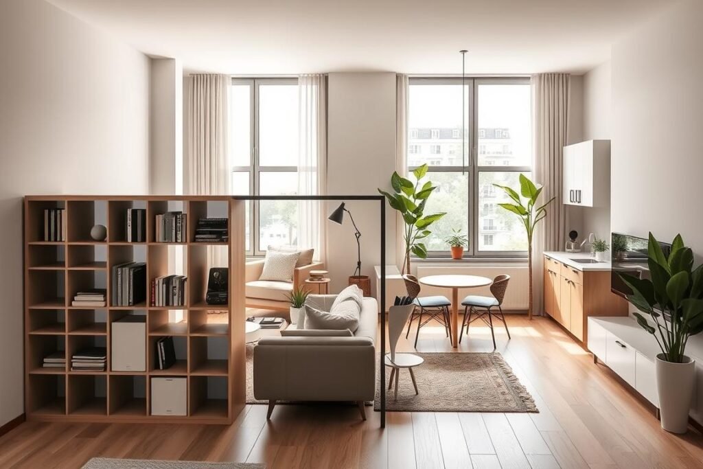 A stylish and compact studio apartment layout showcasing smart room divider ideas. In the foreground, a sleek, modern bookshelf serves as a divider, separating a cozy living area with a plush sofa and a small side table from a compact workspace featuring a minimalist desk and ergonomic chair. The middle ground displays a petite kitchen area with an island incorporating bar stools, and an inviting dining nook with a small round table. In the background, large windows let in natural light, enhancing the warm, inviting atmosphere. Soft, neutral color palettes predominantly white and light wood create a sense of spaciousness, while indoor plants add green accents. The overall mood is contemporary and functional, designed for optimum space utilization. The lighting is soft and ambient, emphasizing the harmony of style and practicality.