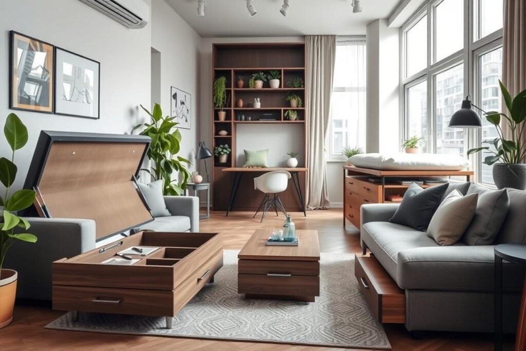 A stylish and cozy small apartment interior showcasing space-saving furniture with hidden storage compartments. In the foreground, a multi-functional coffee table with lift-top storage reveals hidden compartments, beside a compact, modern sofa with built-in drawers. In the middle, an elegant wall-mounted desk with foldable design and shelves, surrounded by vibrant indoor plants. The background features a cleverly designed bed that folds into the wall, maximizing floor space. Soft, natural lighting filters through large windows, creating a warm and inviting atmosphere. Use a lens that emphasizes depth and detail, capturing the essence of efficient use of space while maintaining a contemporary aesthetic.