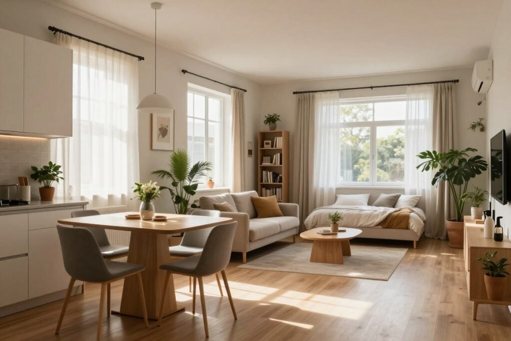 A stylish and cozy studio apartment interior that maximizes natural light, featuring large windows with sheer curtains allowing sunlight to flood the space. In the foreground, a small, functional dining table with modern, minimalistic design chairs sits next to a compact kitchen with sleek cabinets. The middle ground showcases an inviting living area with a plush sofa, a bookshelf, and decorative indoor plants that bring a touch of greenery. In the background, a well-organized sleeping nook with soft bedding blends seamlessly into the room. Emphasize warm, natural colors, soft shadows, and a sunlit atmosphere that creates an inviting, airy feel. Use a wide-angle lens perspective to capture the full essence of the open space, highlighting the efficient use of light and design.