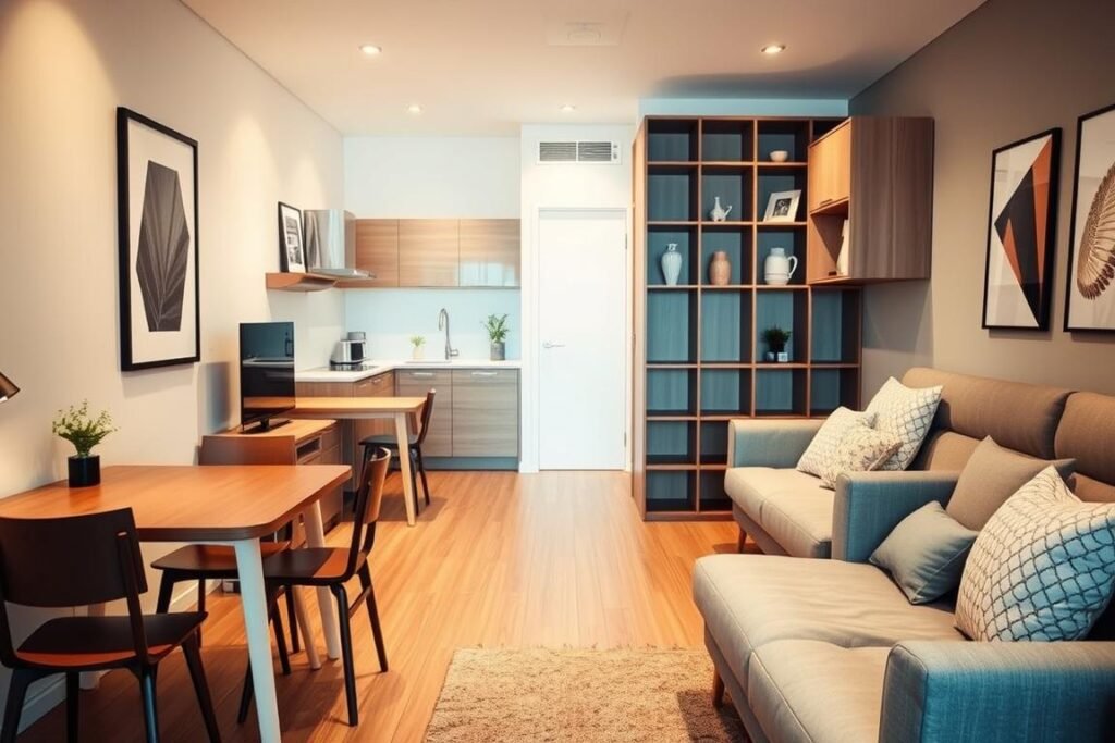 A stylish and modern small apartment interior featuring innovative foldable and collapsible furniture. In the foreground, a compact dining table and chairs that easily transform for space efficiency, alongside a cleverly designed sofa that folds into a bed. The middle ground showcases a multifunctional shelving unit that can be extended or retracted, with decorative items displayed to enhance its aesthetic appeal. In the background, a soft-lit kitchenette with minimalist appliances and smart storage solutions. The scene is warmly lit to create an inviting atmosphere, captured with a 35mm lens to emphasize depth and detail, evoking a sense of flexibility and comfort in urban living.