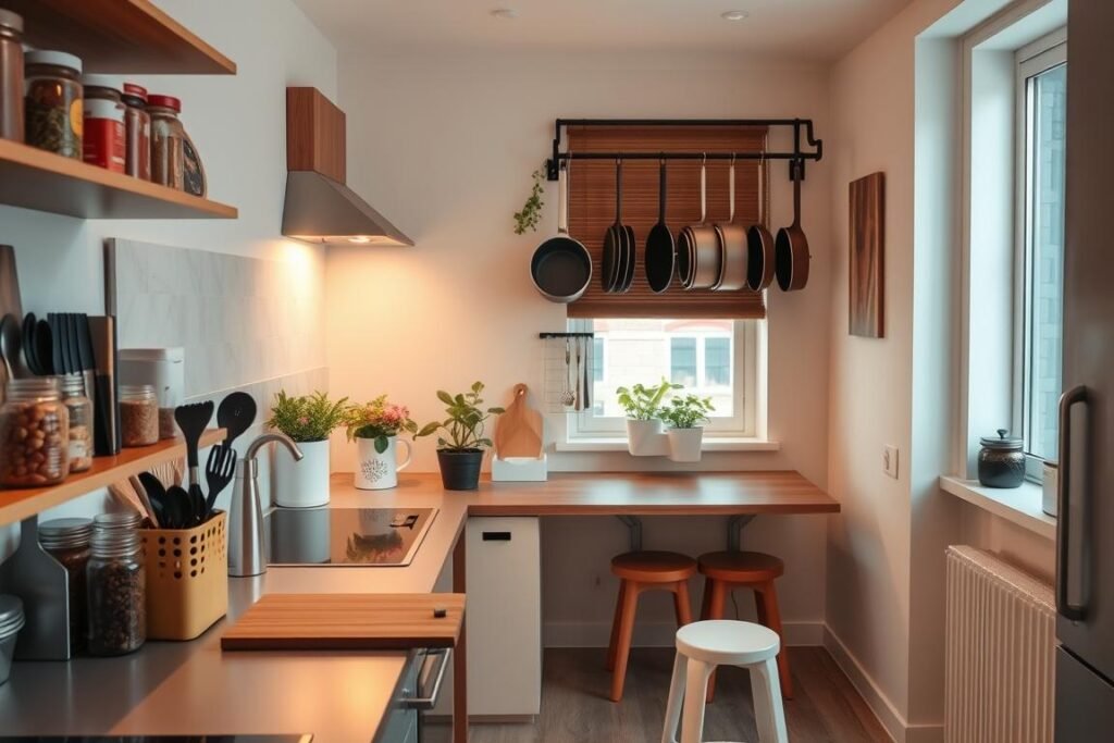 A stylish and organized compact kitchen in a small studio apartment, showcasing various clever kitchen organization hacks. In the foreground, feature open shelving with neatly arranged jars of spices, utensils in chic holders, and a compact cutting board. In the middle, include a wall-mounted rack displaying pots and pans, alongside a small herb garden on the windowsill. In the background, a cozy dining nook with a foldable table and two stools complements the space. Use warm, inviting lighting to create a cozy atmosphere, with natural light filtering through the window, casting soft shadows. The scene captures a practical yet aesthetically pleasing approach to maximizing kitchen space, ideal for apartment dwellers.